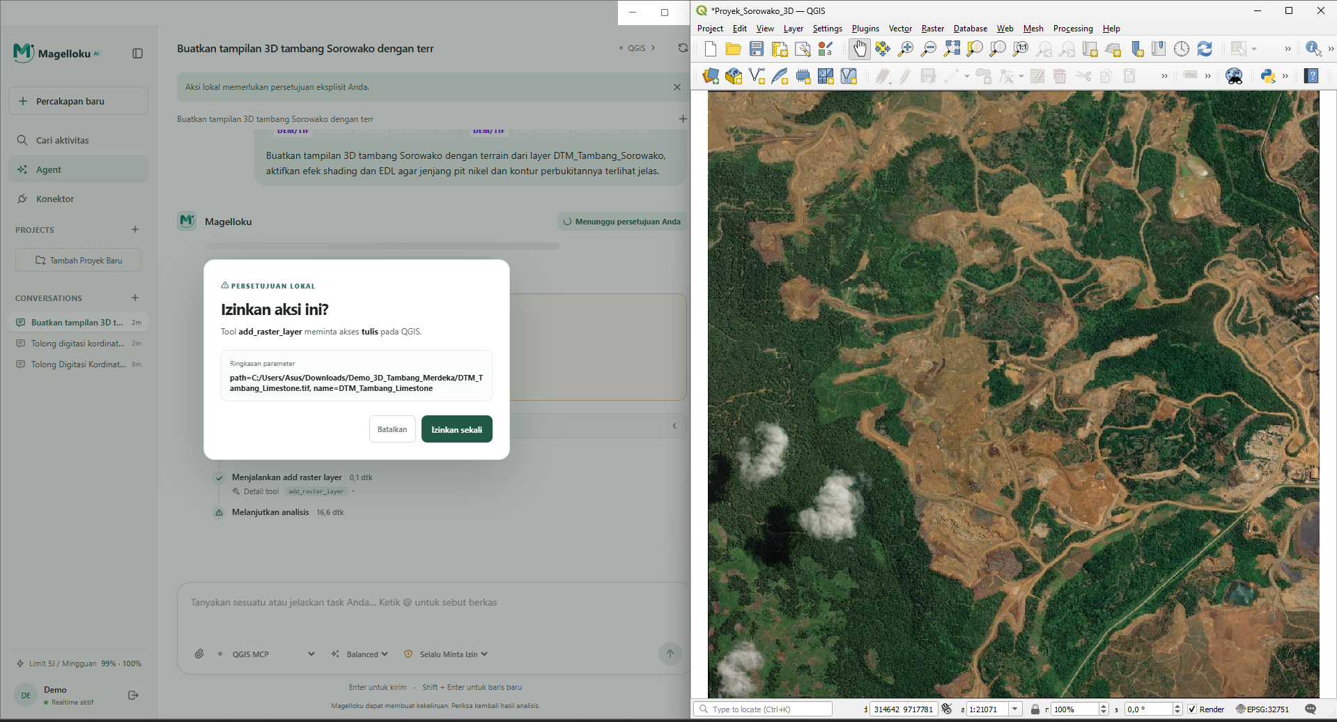 Magelloku Desktop dan QGIS berjalan berdampingan saat mengolah tampilan tambang Sorowako